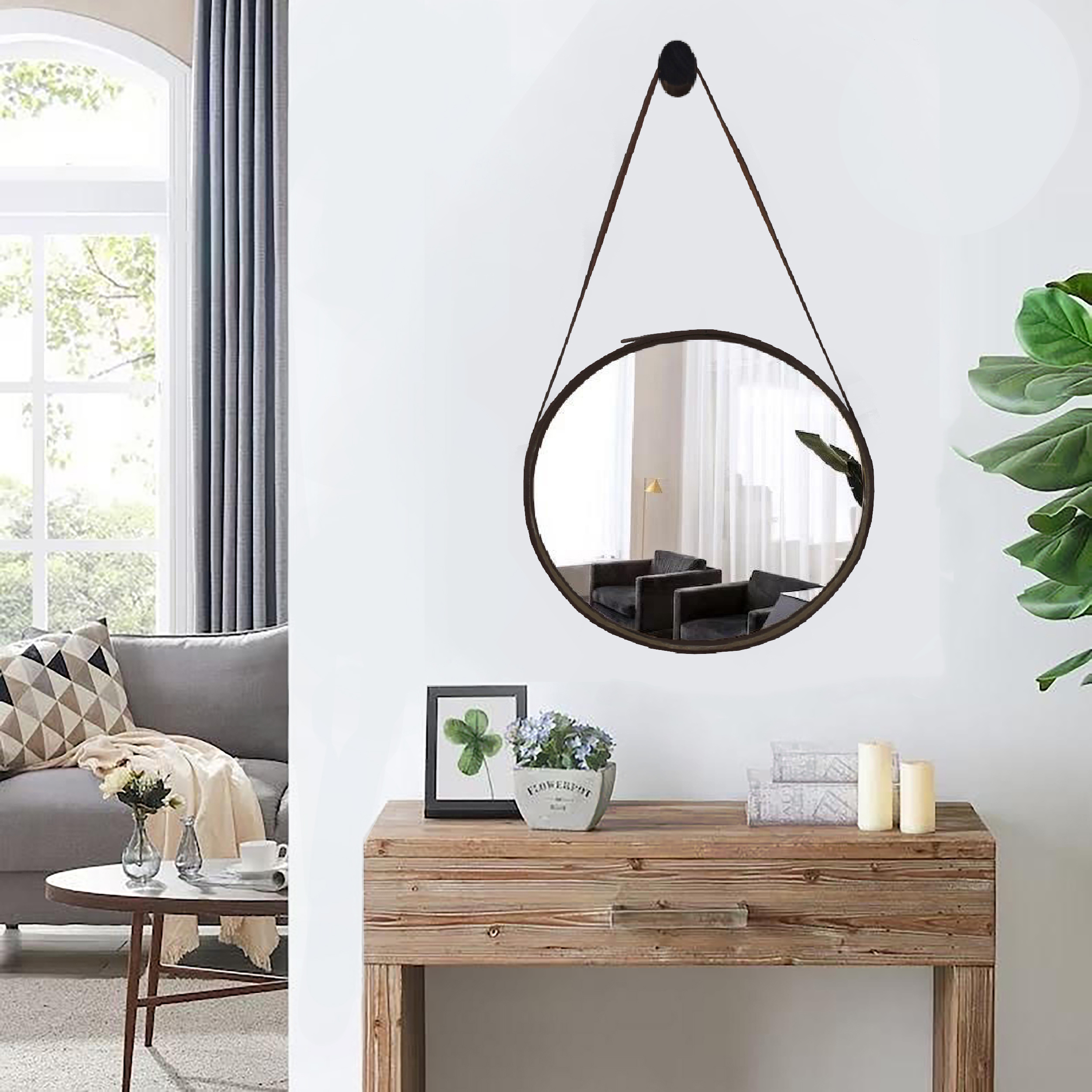 آینه دیواری با تسمه چرمی گل رز قطر 90 سانتیمتر